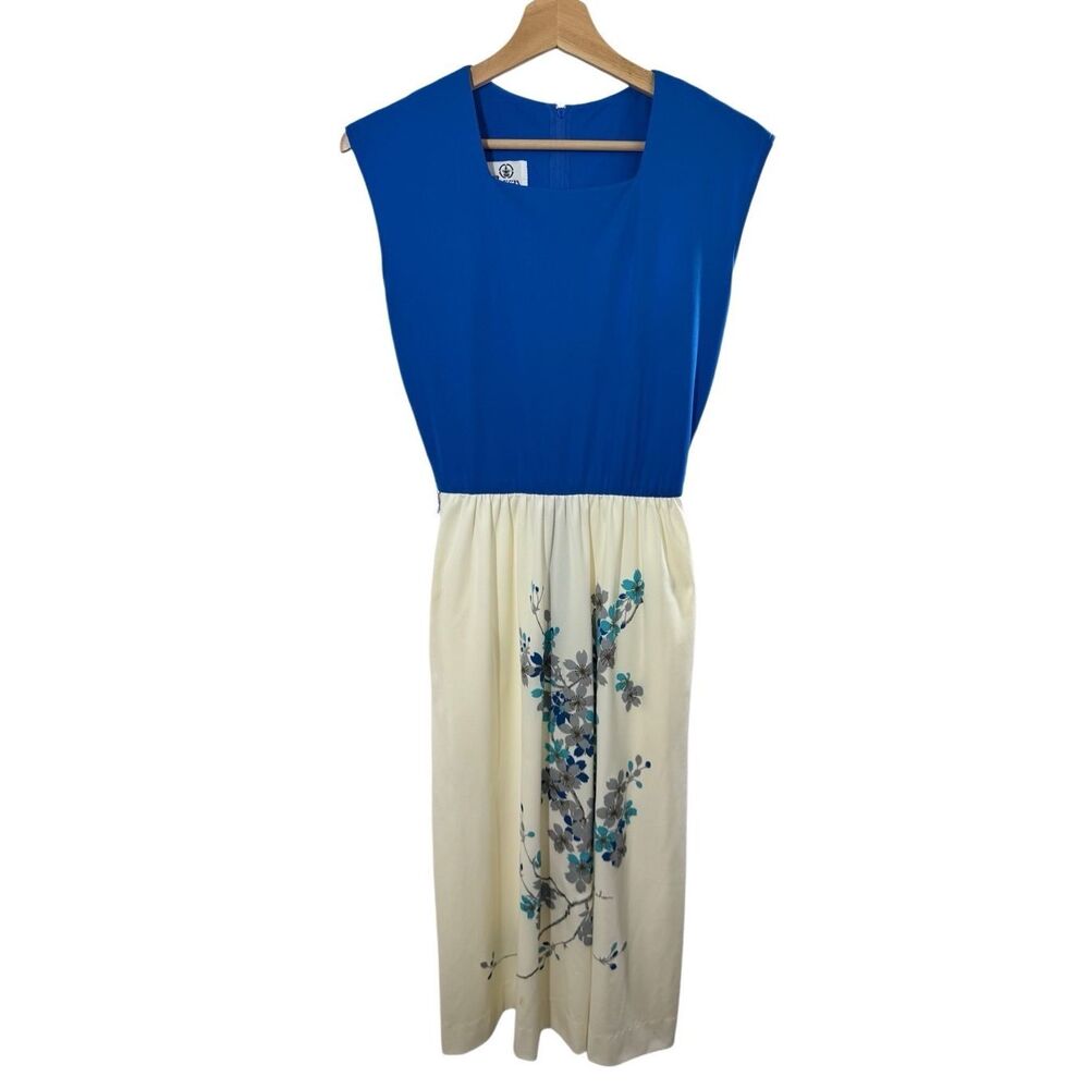 Vintage Alfred Shaheen Blue Floral Sleeveless Maxi Dress Size 6 Square Neck USA